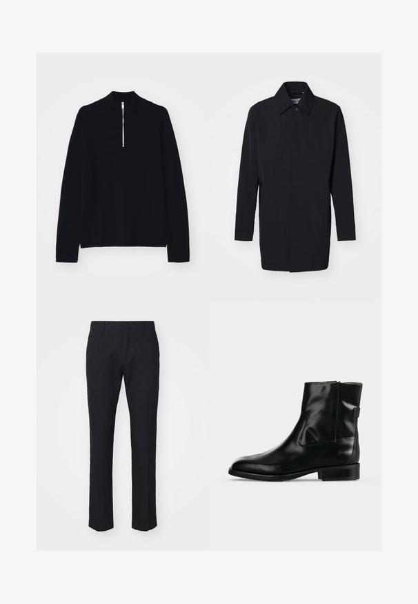Sort letvægtsjakke med en struktureret design, knaplukning og lange ærmer. Glat tekstur og minimalistisk stil uden mønstre.; Sort langærmet top lavet af et blødt materiale, med en høj mock-neck og en halv lynlås foran, med en afslappet pasform.; Marinebukser i skræddersyet snit, lavet af glat stof. Har flad front, bæltestropper og lige ben med en ren kant.; Sort læder ankelstøvle med lav hæl og sidelås, vist mod en ensartet lys grå baggrund.