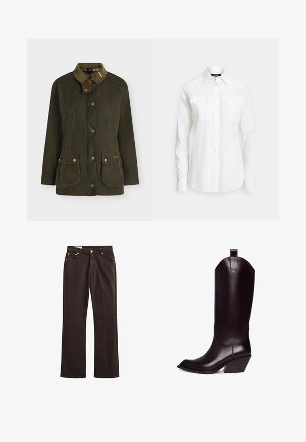 Veste en coton ciré vert foncé avec col en velours côtelé marron, boutons-pression et quatre poches avant, dont deux à rabats avec détail de marque.; Chemise blanche boutonnée en tissu texturé, avec un col pointu, des manches longues et deux poches poitrine à rabat.; Jean droit marron foncé avec bouton à l'avant, fermeture éclair et design cinq poches sur fond blanc.; Botte de cowboy en cuir marron avec un bout pointu, une tige haute et un talon en bois incliné. Dispose d'une boucle pour un enfilage facile.