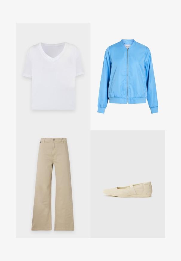 Lyseblå bomberjakke lavet af glat stof, med lynlåslukning foran, ribstrikkede manchetter og en elastisk kant nederst. Ingen synlige mønstre eller grafik.; Hvid cropped t-shirt med v-hals, korte ærmer og et glat, let materiale. Ingen mønstre eller synlig hardware. Simpelt design.; Beige brede bukser lavet af bomuld. Har en knaplukning, bæltestropper og sidelommer. Glat, robust tekstur med et klassisk design.; Lysebrune ballet flats med en glat læderoverflade, mandelformet tå og elastisk rem over vristen, med diskrete syninger.