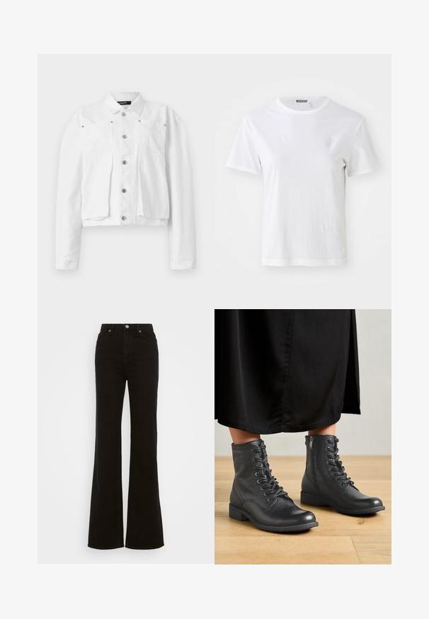 Hvid kort jakke lavet af bomuld, med en knaplukning foran, to brystlommer og sølv hardwaredetaljer. Glat tekstur.; Hvid T-shirt med korte ærmer lavet af blødt stof. Har en rund halsudskæring og en lige pasform, med en label på den indre krave.; Høj talje sorte flare jeans lavet af denim, med knaplukning, sidelommer og en glat tekstur.; Sorte læder ankelstøvler med rund tå, udstyret med snørebånd og lynlås på siden, placeret på et trægulv og sort tøj.