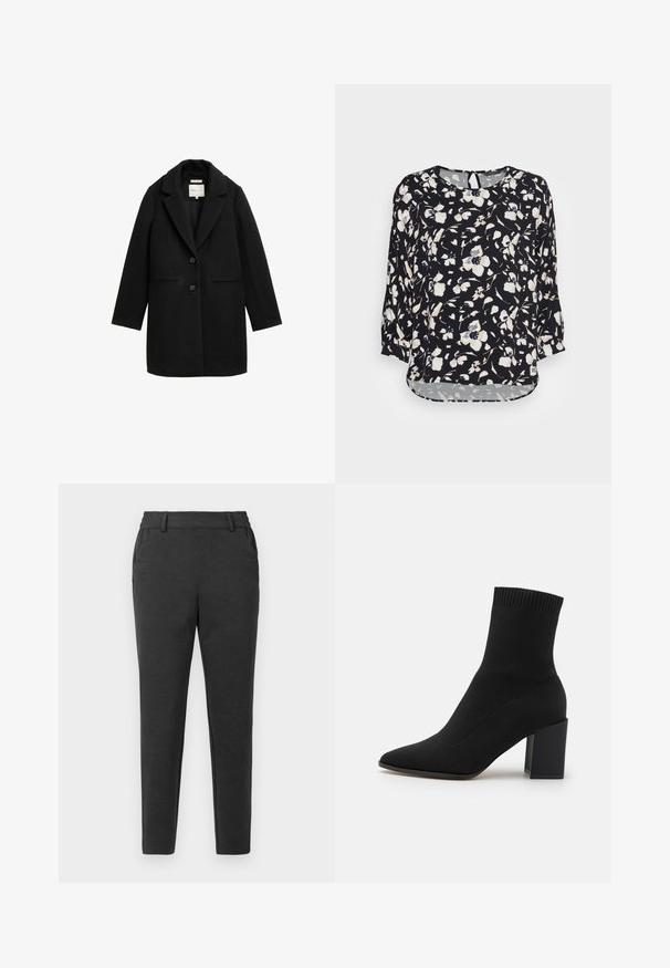 Manteau noir ajusté avec revers, fermeture à un bouton et deux poches avant. Fabriqué en tissu structuré, avec une texture lisse.; mine to five TOM TAILOR BLOUSE BATSLEEVE - Blouse - black/beige; Pantalons slim gris foncé avec passants de ceinture, poches latérales et une coupe fuselée, sur un fond uni clair.; Bottines noires en tissu extensible, à bout pointu et talon carré, avec une bordure côtelée en haut.