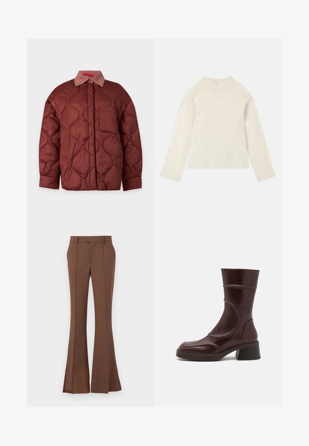 Brown quilted jacket with wave pattern stitching, a chest pocket, button-up front, and a contrasting soft fabric collar.; Cream-colored sweater with a round neckline, long sleeves, and a soft, textured knit fabric. Features ribbed cuffs and hem.; Brown flared trousers made of smooth fabric, featuring a flat front, belt loops, and a tailored fit with subtle crease details.; MIISTA MALENE - Classic ankle boots - brown