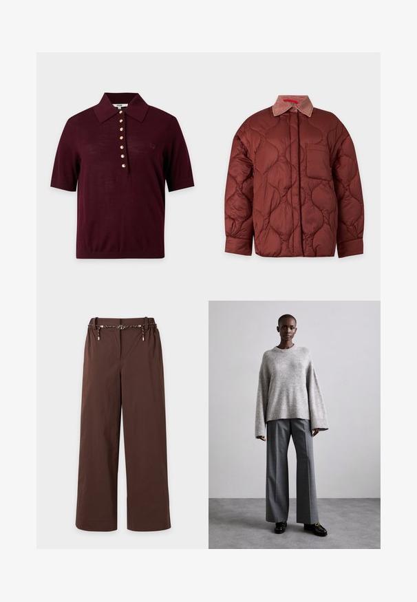 Veste matelassée marron avec couture en motif ondulé, une poche poitrine, une fermeture boutonnée devant et un col en tissu doux contrastant.; Polo à manches courtes couleur bordeaux foncé avec un col large et une rangée de sept boutons dorés au centre devant.; Pantalon marron à jambes larges avec une ceinture élastique et une ceinture à cordon noire et blanche avec des accents dorés, présenté sur un fond clair.; Pull en maille gris avec des manches larges et un ourlet côtelé, assorti à un pantalon gris taille haute avec un motif à carreaux discret et des mocassins noirs.