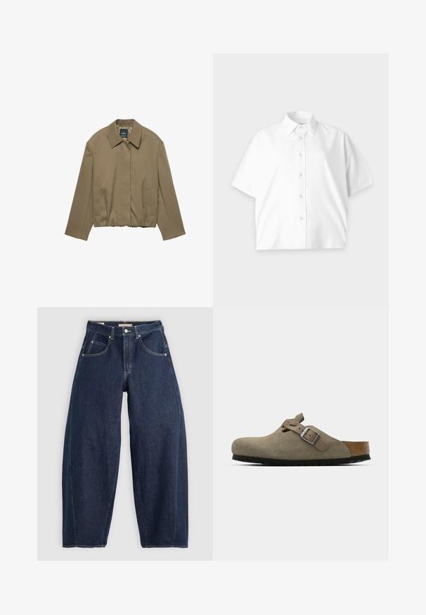 PULL&BEAR TAILORED FIT BALLOON SILHOUETTE JACKET - Veste légère - camel; Chemise blanche à manches courtes avec col et boutons, design épuré et logo subtil sur la poitrine, présentée sur un fond clair.; Jean en denim bleu foncé, à coupe ample, avec des coutures claires, cinq poches et un bouton de fermeture à la taille.; Sabots en velours côtelé vert olive clair avec une semelle en liège et en caoutchouc moulée. Dispose d'une sangle latérale avec une boucle en métal et d'un bout arrondi.