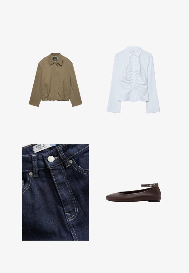 PULL&BEAR TAILORED FIT BALLOON SILHOUETTE JACKET - Veste légère - camel; Chemise blanche à manches longues avec boutons, col pointu et détail froncé plissé au centre avant.; Next WIDE - Wide Leg - rinse; Chaussure plate marron foncé avec bout arrondi et bride de cheville réglable avec boucle argentée sur fond blanc.