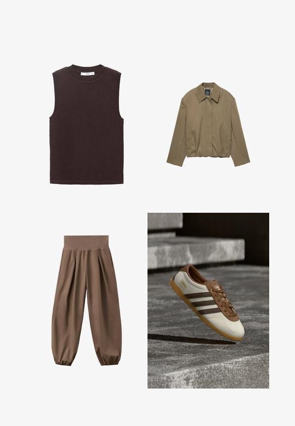 PULL&BEAR TAILORED FIT BALLOON SILHOUETTE JACKET - Letná bunda - camel; Bezrukávový sveter v tmavohnedej farbe, vyrobený z mäkkej, štruktúrovanej tkaniny. Disponuje okrúhlym výstrihom a rebrovanými okrajmi na otvárach pre ruky a na leme.; Hnedé voľné nohavice s vysokým pásom, so stiahnutými elastickými manžetami a prednými záhybmi, zobrazené na bielom pozadí.; Biela a hnedá teniska Adidas Gazelle s gumovou podrážkou vznášajúca sa nad kamennými schodmi a zemou v exteriéri.