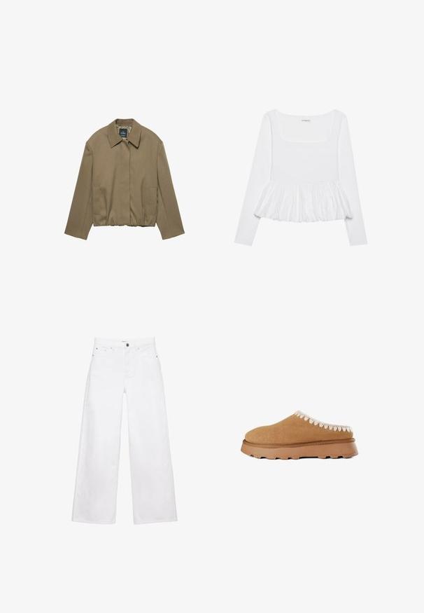 PULL&BEAR TAILORED FIT BALLOON SILHOUETTE JACKET - Let jakke / Sommerjakker - camel; Hvid langærmet top med firkantet halsudskæring, der har en samlet peplumkant lavet af tekstureret stof. Etiketter synlige ved halsen.; Hvide jeans med vide ben lavet af denim, der har forlommer, knaplukning og et lige snit. Ingen synlige mønstre eller pynt.; Brune ruskind slip-on sko med en tekstureret overdel, der har dekorativ beige syning langs kanten og en tykk gummisål.