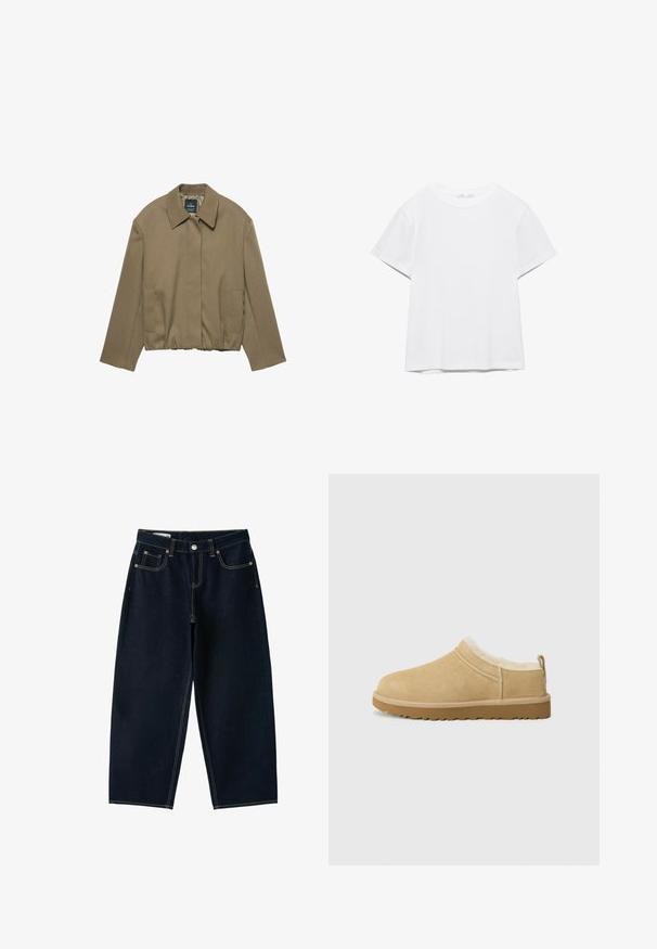 PULL&BEAR TAILORED FIT BALLOON SILHOUETTE JACKET - Let jakke / Sommerjakker - camel; Hvid, kortærmet T-shirt med rund hals og lige kant, vist på en hvid baggrund.; Mørkeblå jeans med brede ben og høj talje, foran knap, lynlås og fem lommer med synlige sømme.; Suede slip-on sko i lys tan, med en blød pelsforing og tekstureret gummisål med en let hæl og bagestrop for nem påklædning.