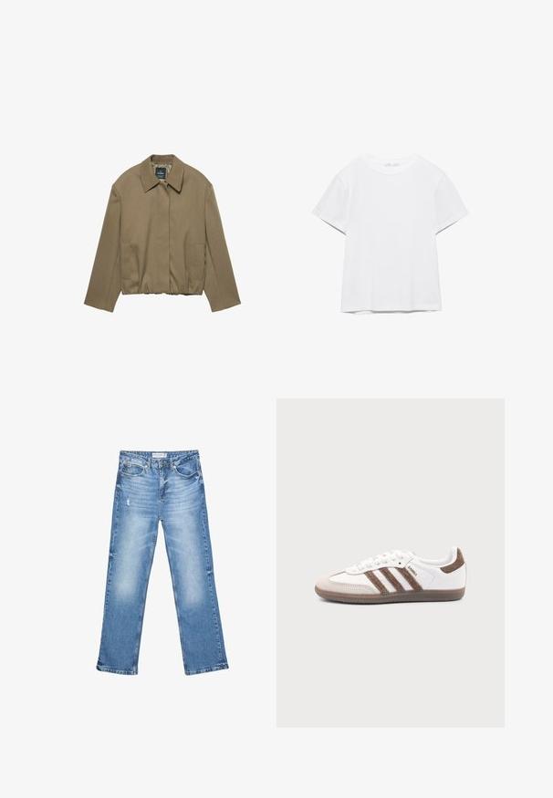 PULL&BEAR TAILORED FIT BALLOON SILHOUETTE JACKET - Letná bunda - camel; Jednoduché biele tričko s krátkym rukávom a okrúhlym výstrihom, s rovnými lemami, zobrazené na bielom pozadí.; Svetlomodré denimové nohavice so strihaním rovného nohavíc, so svetlými miestami a jemným opotrebovaním. Obsahujú päť vreciek a klasické zapínanie na gombíky.; Biele tenisky Adidas Samba s hnedými semišovými pruhmi, hnedou gumovou podrážkou a béžovým semišovým špicom, zobrazené z vonkajšej strany na jednofarebnom pozadí.