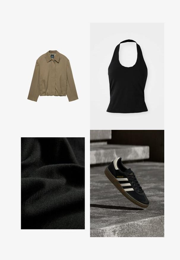 PULL&BEAR TAILORED FIT BALLOON SILHOUETTE JACKET - Letná bunda - camel; Čierny top na viazanie za krk vyrobený z jemnej tkaniny, s výstrihom vo forme lulky a priliehavým strihom, hladkej textúry a bez viditeľných vzorov.; Čierna rebrovaná tkanina s textúrovaným povrchom, zvýrazňujúca jemné záhyby a krivky. Materiál vyzerá ľahko a flexibilne.; Čierna teniska značky Adidas s bielymi pruhmi a gumovou podrážkou vznášajúca sa nad sivými betónovými schodmi za prirodzeného svetla.