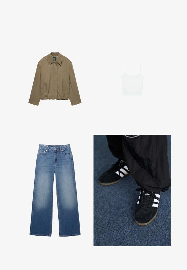 PULL&BEAR TAILORED FIT BALLOON SILHOUETTE JACKET - Letná bunda - camel; Stradivarius Top - white; Modré džínsy širokého strihu s predným zapínaním na gombíky a zips, vybavené prednými a zadnými vreckami a jemným vyblednutím na stehnách.; Čierne roháčiky z semišu so tromi bielymi pruhmi a čiernymi šnúrkami. Texturované čierne nohavice sú čiastočne viditeľné vedľa topánok.