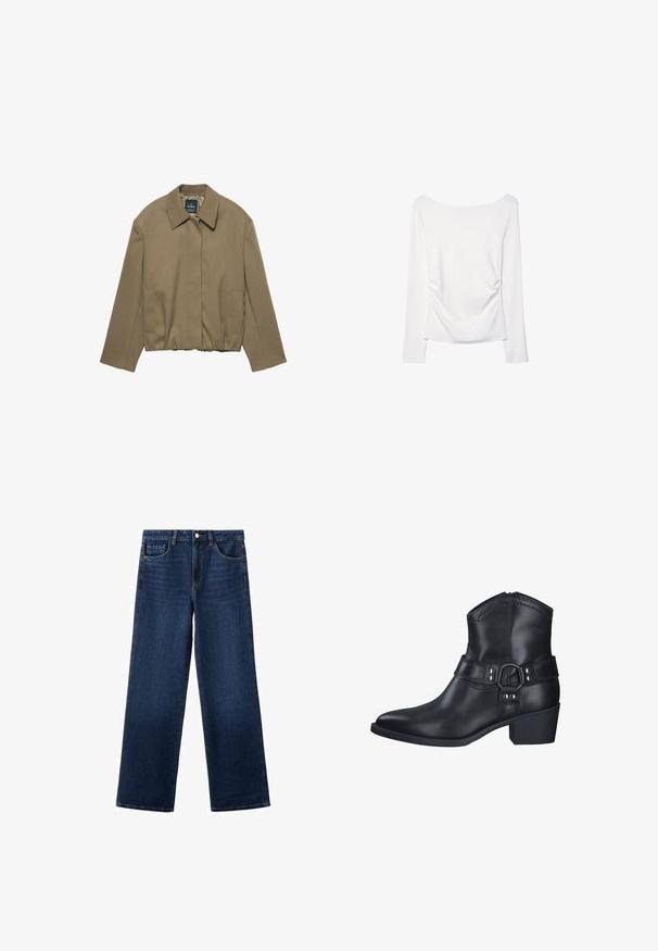 PULL&BEAR TAILORED FIT BALLOON SILHOUETTE JACKET - Leichte Jacke - camel; Langärmliges weißes Oberteil mit weitem Halsausschnitt und gerafftem Detail im Rücken. Glatte Textur, figurbetonter Schnitt.; Dunkelblaue gerade geschnittene Jeans aus Denim mit Vorder- und Gesäßtaschen, einem Knopfverschluss und Gürtelschlaufen.; Schwarze Leder-Stiefelette mit spitzem Zehenbereich und niedrigem Blockabsatz, ausgestattet mit einem dekorativen Riemen mit metallischen Akzenten und Stickdetails.