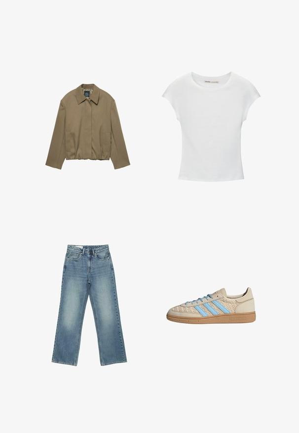 PULL&BEAR TAILORED FIT BALLOON SILHOUETTE JACKET - Letná bunda - camel; Biele bavlnené tričko s krátkymi, stočenými rukávmi, okrúhlym výstrihom a rovnou lemovkou. Hladká textúra bez viditeľných vzorov alebo akcentov.; Modré rifle s vysokým pásom a rovnými nohavicami, s piatimi vreckami, zapínaním na gombíky a jemne vyblednutým efektom na predných častiach stehien.; Béžové tenisky s textúrovaným pleteným zvrškom, svetlomodrými pruhmi a hnedou gumovou podrážkou. Obsahuje okrúhle šnúrky a detail loga na boku.