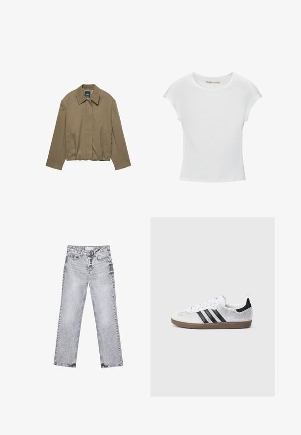 PULL&BEAR TAILORED FIT BALLOON SILHOUETTE JACKET - Leichte Jacke - camel; Weißes Baumwoll-T-Shirt mit kurzen, aufgerollten Ärmeln, rundem Ausschnitt und geradem Saum. Glatte Textur ohne sichtbare Muster oder Akzente.; Graue Jeans aus Denim mit geradem Bein, mit Used-Effekten, fünf Taschen und kupferfarbenen Nieten. Der Bund verfügt über ein Logoshirt.; Weißer Mesh-Sneaker mit schwarzen Streifen, beiger Wildleder-Kappe an der Spitze und am Absatz, strukturierter Gummisohle und weißen Schnürsenkeln. Klassisches Low-Top-Design.