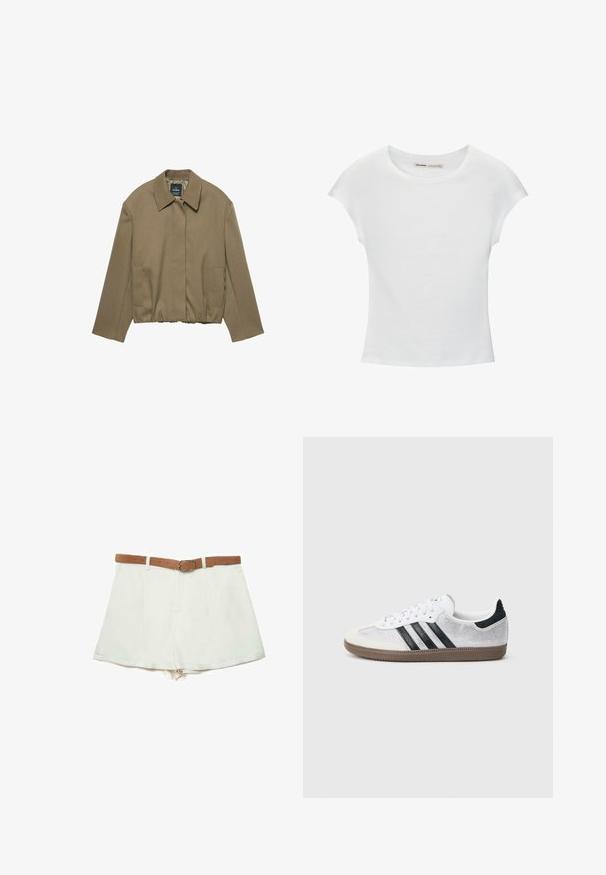 PULL&BEAR TAILORED FIT BALLOON SILHOUETTE JACKET - Veste légère - camel; T-shirt en coton blanc avec manches courtes retroussées, encolure ronde et ourlet droit. Texture lisse sans motifs ni accents visibles.; Shorts blancs taille haute avec plis et ceinture en daim marron ornée d'une boucle ovale argentée.; Baskets en mesh blanc avec des rayures noires, un embout en daim beige et un accent sur le talon, semelle en caoutchouc texturée, et lacets blancs. Design classique à tige basse.