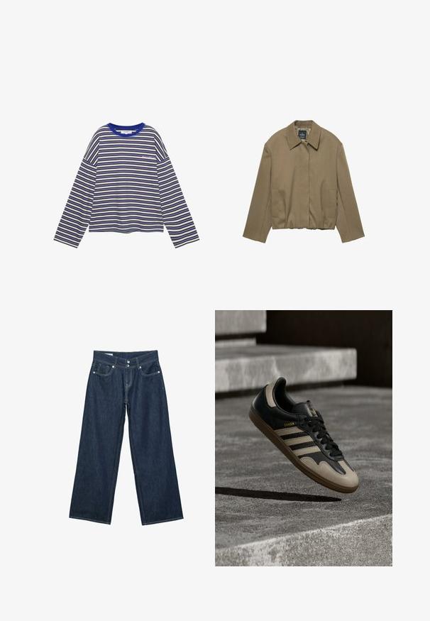 PULL&BEAR TAILORED FIT BALLOON SILHOUETTE JACKET - Veste légère - camel; Chemise à manches longues avec des rayures horizontales en marron, blanc et bleu, dotée d'un col bleu et d'un petit texte sur la poitrine gauche.; Jeans en denim bleu foncé à jambes larges avec fermeture à double bouton, poches avant et surpiqûres contrastantes sur fond blanc.; Baskets en cuir noir et beige avec trois bandes blanches, semelle en caoutchouc beige et détail en or "Samba" sur le côté.