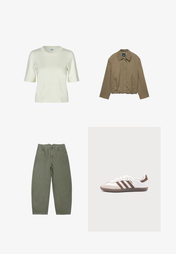 PULL&BEAR TAILORED FIT BALLOON SILHOUETTE JACKET - Veste légère - camel; Pull en maille à manches courtes de couleur écrue, avec un col rond et une texture lisse et douce. Design simple et classique.; Pantalon vert olive taille haute à coupe ample avec deux poches avant et fermeture à double bouton à la taille.; Baskets Adidas Samba blanches avec des bandes en daim marron, semelle en caoutchouc marron et bout en daim beige, vues du côté extérieur sur un fond uni.