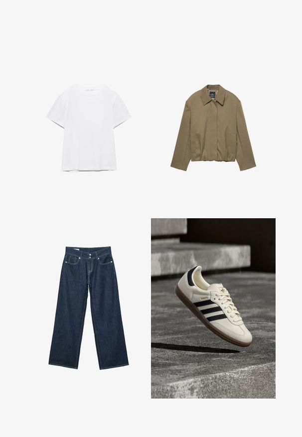 PULL&BEAR TAILORED FIT BALLOON SILHOUETTE JACKET - Veste légère - camel; T-shirt blanc uni à manches courtes et col rond, avec un ourlet droit, présenté sur un fond blanc.; Jeans en denim bleu foncé à jambes larges avec fermeture à double bouton, poches avant et surpiqûres contrastantes sur fond blanc.; Baskets blanches Adidas Samba avec des bandes noires et une semelle en gomme, flottant au-dessus de marches en béton gris texturé.