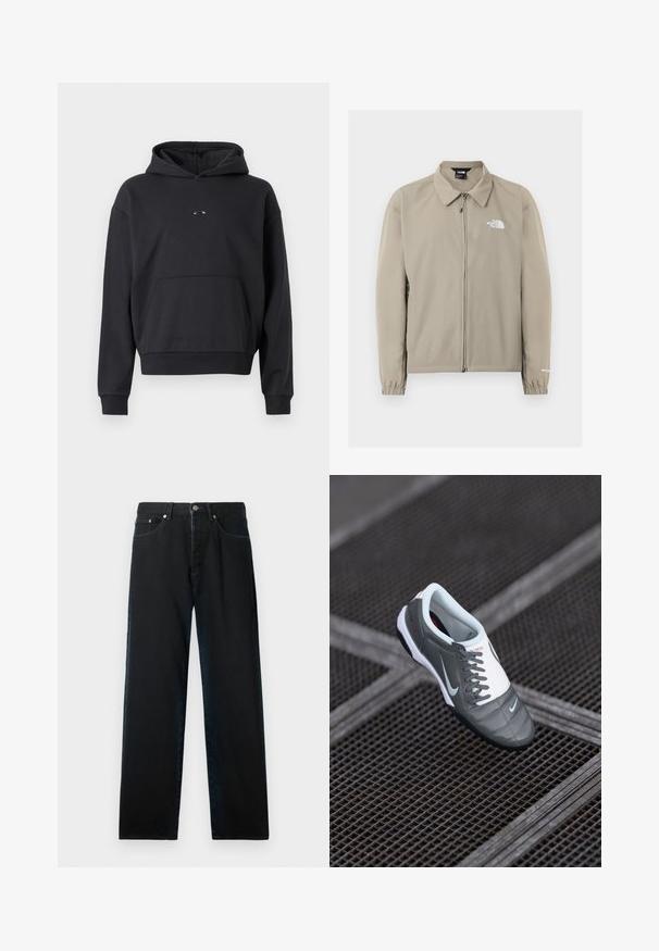 Beige lynlåsfrit The North Face-jakke med krave, elastiske manchetter og logo på venstre bryst og højre ærme, vist på ensfarvet baggrund.; Sort hættebluse lavet af en bomuldsblanding, med en kængurulomme, ribbede manchetter og et logodetalje på brystet. Klassisk, afslappet pasform.; Sorte denimjeans med lige pasform, fem-lomme design og metalhardware. Stoffet har en glat tekstur og minimal falming.; Grå atletiksko med en glat tekstureret overdel, hvide detaljer, markante snørebånd og en sort gummisål, der har et lille logo på siden.