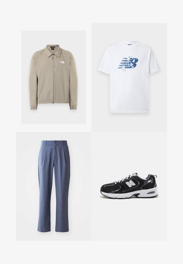 Beige lynlåsfrit The North Face-jakke med krave, elastiske manchetter og logo på venstre bryst og højre ærme, vist på ensfarvet baggrund.; Hvid T-shirt med korte ærmer og en blå, stiliseret "NB"-logo omgivet af vanddråber på brystet.; Mørkeblå bukser med læg, lige snit, lavet af letvægtsstof, med en enkelt frontknaplukning og bæltestropper.; Sorte og grå sportssko med mesh og ruskind på overdelen, der har en hvid mellemsål, snørebånd og et iøjnefaldende "N" logo på siden.