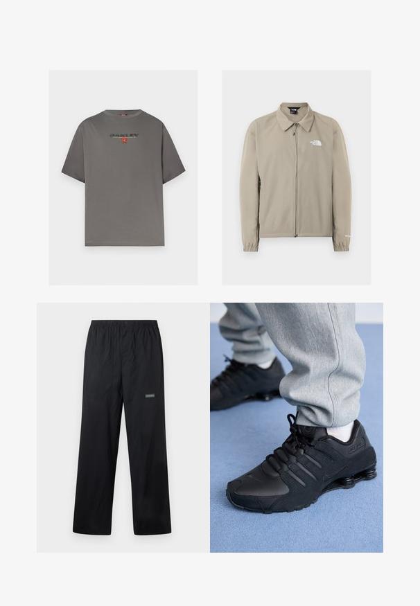 Veste beige The North Face zippée avec col, poignets élastiques et logo sur le côté gauche de la poitrine et la manche droite, présentée sur un fond uni.; T-shirt gris à manches courtes avec le logo "OAKLEY" et un petit graphisme rouge centré sur la poitrine, présenté sur un fond blanc uni.; Pantalon d'extérieur léger noir avec taille élastique, bouton à l'avant, deux poches avant et petit logo Columbia sur la cuisse droite.; Personne portant des baskets Nike Shox noires et un pantalon de survêtement gris, debout sur un tapis bleu clair.
