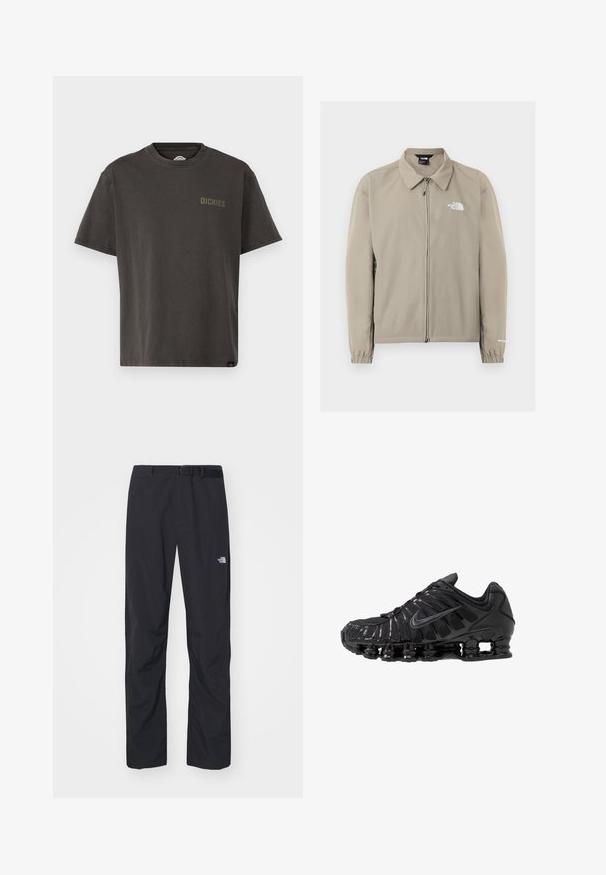 Chaqueta beige con cremallera de The North Face, con cuello, puños elásticos y logo en el pecho izquierdo y la manga derecha, mostrada sobre un fondo liso.; Camiseta de manga corta en gris oscuro hecha de algodón. Presenta un cuello redondo y un pequeño logo "DICKIES" en contraste en el pecho. Textura suave.; The North Face ABUKUMA PANT - Pantalones - black; Zapatillas deportivas negras fabricadas con malla y materiales sintéticos, con un diseño ondulado distintivo, suela de goma negra y detalles reflectantes.