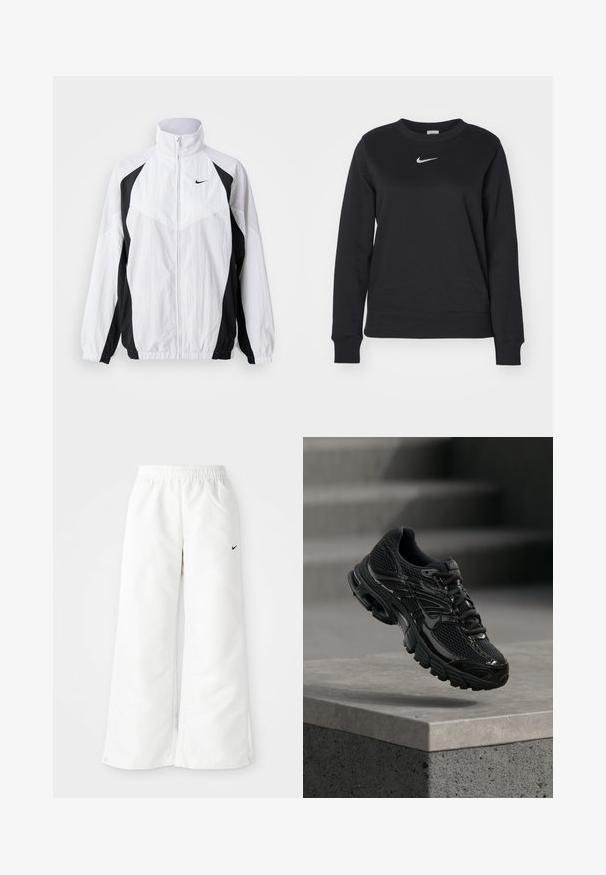 Nike vindjakke i hvid og sort. Har høj krave, lynlås lukning, lange ærmer og kontrasterende paneldesign med tekstureret stof.; Sort sweatshirt lavet af bomuldsblanding, med ribbede manchetter og kant, rund halsudskæring og sølvfarvet Nike-logo på brystet.; Hvide atletiske bukser med et bredbenet design, elastisk talje og et lille sort Nike-logo på venstre side. Glat, let materiale.; Sort Nike løbesko med mesh og syntetisk overdel, der svæver over en betonoverflade og trin i baggrunden.