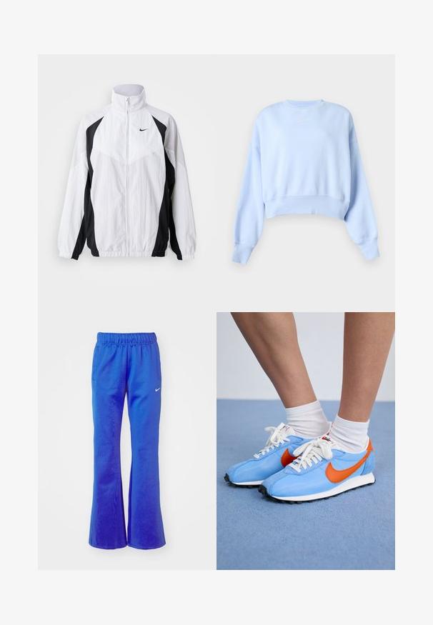 Nike vindjakke i hvid og sort. Har høj krave, lynlås lukning, lange ærmer og kontrasterende paneldesign med tekstureret stof.; Lyseblå cropped sweatshirt med lange ærmer, ribstrikkede manchetter og kant samt lille hvid Nike-logo på brystet mod en ensfarvet baggrund.; Bredde sportbukser i lys blå, med elastisk talje, to sidelommer og et lille hvidt logo foran.; Blå mesh- og ruskinds sneakers med orange accenter og hvide snørebånd. Sort gummisål. Båret med hvide crew-sokker på en blå overflade.