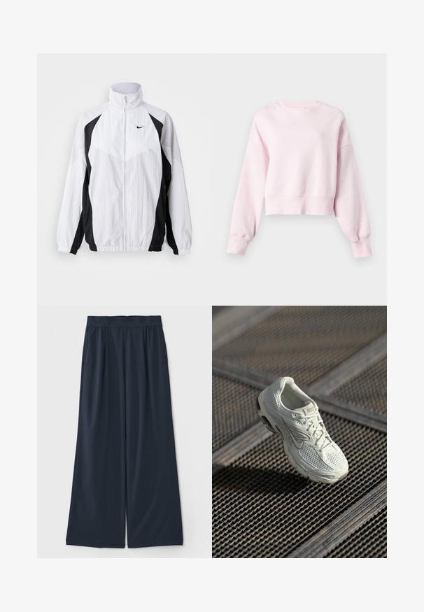 Biela a čierna vetrovka Nike. Má vysoký golier, zips, dlhé rukávy a kontrastný panelový dizajn s textúrovanou látkou.; Svetloružová zúžená mikina s dlhými rukávmi a malým bielym logom Nike swoosh umiestneným pod okrúhlym výstrihom.; Tmavomodré nohavice s širokými nohavicami vyrobené z mäkkej tkaniny; obsahujú elastický pás a dve bočné vrecká pre pohodlie.; Biele bežecké tenisky Nike s vrchom z mesh a syntetického materiálu ležiace na kovovej mriežke na podlahe v mäkkom prirodzenom svetle.