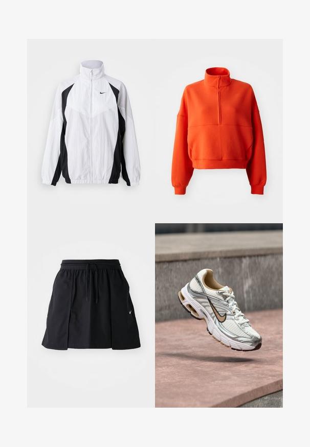 Biela a čierna vetrovka Nike. Má vysoký golier, zips, dlhé rukávy a kontrastný panelový dizajn s textúrovanou látkou.; Svetlooranžová skrátená mikina s falošným golierom a polovičným zipsom, s širokými rukávmi a textúrovanou látkou pre pohodlie.; Čierna športová sukňa s elastickým pásom a nastaviteľnou šnúrkou. Obsahuje bočné rozparky, ľahkú látku a malú nášivku na leme.; Biely a strieborný bežecký Nike topánka s béžovým logom Swoosh, zobrazená vo vzduchu nad kamenným povrchom s rozmazaným sivým pozadím steny.