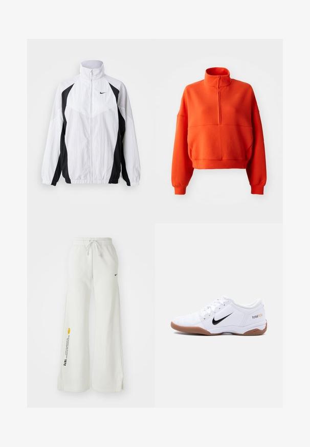 Nike windbreakerjacke in wit en zwart. Heeft een hoge kraag, ritsluiting, lange mouwen en een contrasterend paneelontwerp met textuurstof.; Felgekleurde oranje cropped sweatshirt met een hoge kraag en halve rits, voorzien van brede mouwen en een textuurstof voor comfort.; Witte, wijde sweatpants met een elastische tailleband, trekkoord, zijslitsen, zwart Nike-logo en contrasterende gele grafische tekst.; Witte Nike Total 90 III zaalvoetbalschoen met zwart swoosh-logo en gumzool, zijaanzicht op een effen achtergrond.