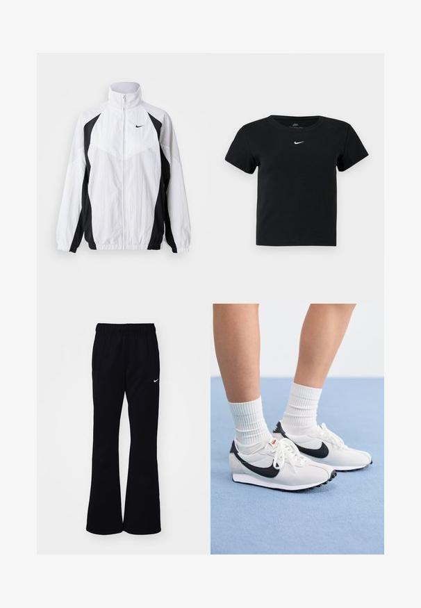 Veste coupe-vent Nike en blanc et noir. Caractéristiques : col haut, fermeture éclair, manches longues et design à panneaux contrastés avec un tissu texturé.; T-shirt noir à côtes avec des manches courtes, arborant un petit logo blanc de Nike sur la poitrine et un col rond.; Pantalon de survêtement noir avec une taille élastique, des jambes évasées, deux poches latérales et un logo Nike blanc sur le côté gauche.; Baskets en maille blanches avec des accents noirs, bout rond et semelle en caoutchouc plate. Associées à des chaussettes blanches côtelées.
