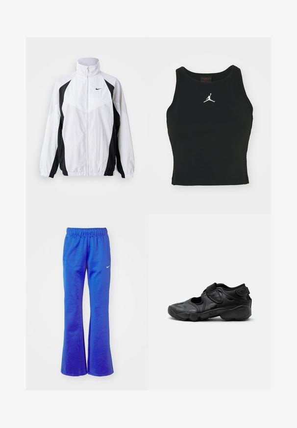 Chaqueta cortavientos de Nike en blanco y negro. Cuenta con un alto cuello, cierre con cremallera, mangas largas y un diseño de paneles contrastantes con tejido texturizado.; Top ajustado negro de algodón, con un escote redondo y un logo de Jordan blanco bordado en el centro del frente. Textura suave.; Pantalones deportivos acampanados en azul brillante, con cintura elástica, dos bolsillos laterales y un pequeño logotipo blanco en la parte delantera.; Sandalia deportiva negra con puntera cerrada, correas de velcro en la parte media del pie y el talón, y suela gruesa acolchada con la marca "AIR" en el lateral.