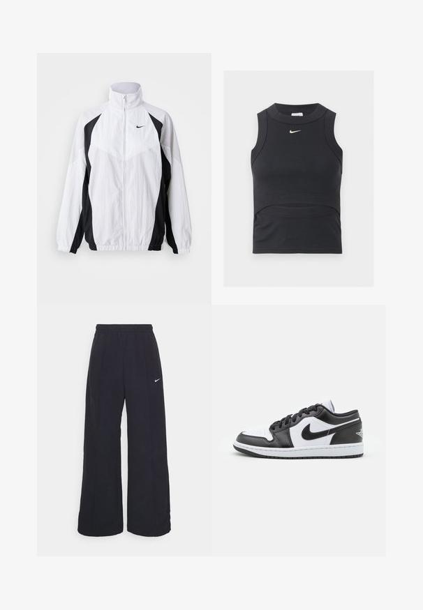 Veste coupe-vent Nike en blanc et noir. Caractéristiques : col haut, fermeture éclair, manches longues et design à panneaux contrastés avec un tissu texturé.; Haut de sport court noir sans manches avec texture côtelée et logo Nike swoosh blanc sur la poitrine.; Pantalons larges noirs avec une taille élastique et un petit logo Nike blanc. Le tissu a une texture lisse, conçu pour le confort et un style décontracté.; Des baskets basses Nike en noir et blanc présentent un cuir lisse sur le dessus, un bout rond, un système de laçage et une semelle extérieure en caoutchouc à motifs.