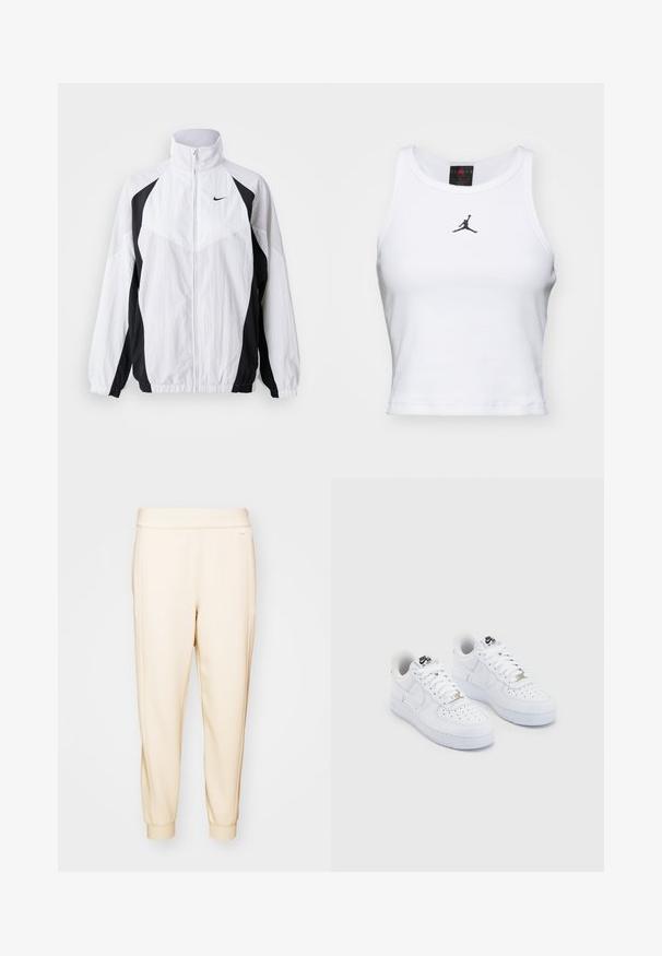 Nike tuulejope mustas ja valges. Omab kõrget krae, lukuga sulgemist, pikki varrukaid ning kontrastset paneelidisaini tekstuuriga kangast.; Valge lühike puuvillane tank top ribakangast. Keskel on must Jordan'i logo ja klassikaline ümar kaelus.; Beesid, kitsad dressipüksid pehmest kangast, millel on elastne vöökoht ja liibuvad mansetid pahkluudel. Minimalistlik disain, nähtavaid mustreid ei ole.; Valged Nike Air Force 1 sneakerid siledast nahast pealispinnaga, perforeeritud varbaosas, valged paelad ja must trükk keelel.