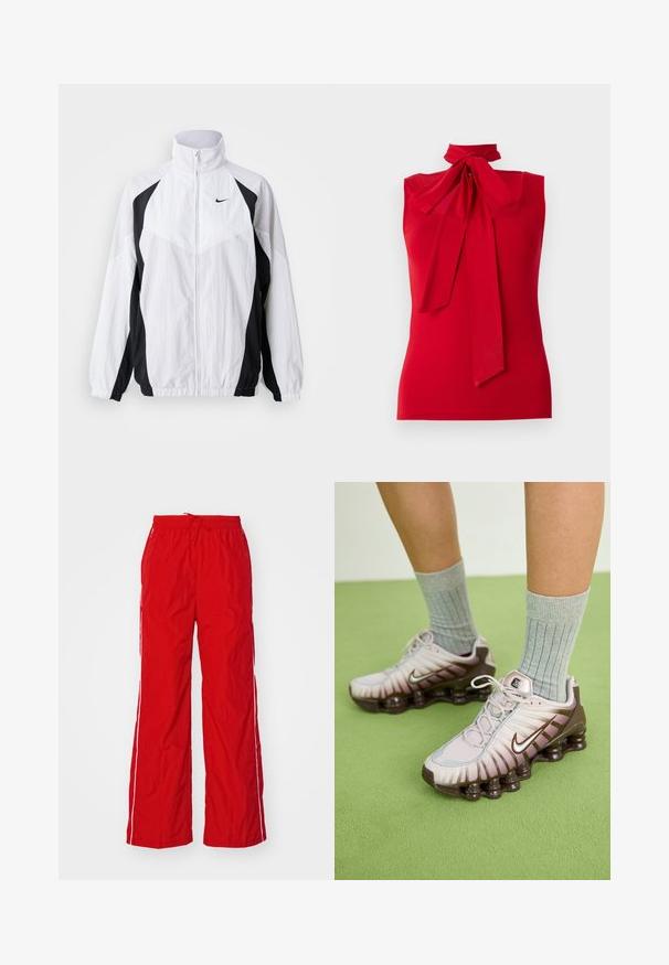 Nike vindjakke i hvid og sort. Har høj krave, lynlås lukning, lange ærmer og kontrasterende paneldesign med tekstureret stof.; Rød ærmeløs top med en høj hals og bindebånd detalje. Glat stof med en tætsiddende design, ingen mønstre eller synlige metaldele.; Røde nylonbukser med vidde ben, elastisk talje med snøre og hvide sidelister. Glat tekstur med et let udseende.; Nike sneakers i lys pink og brun, med en tekstureret overdel, lagdelt design og en polstret sål med synlige luftenheder.