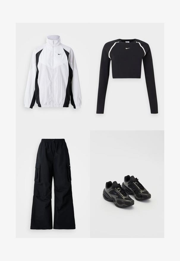 Biela a čierna vetrovka Nike. Má vysoký golier, zips, dlhé rukávy a kontrastný panelový dizajn s textúrovanou látkou.; Čierny dlhý rukáv crop športový top s bielymi zakrivenými pruhmi na pleciach a malým bielym logom Nike na strede hrudi.; Čierne cargo nohavice so širokými nohavicami, elastickým pásom, nastaviteľnou šnúrkou a dvoma bočnými vreckami. Vyrobené z hladkej, ľahkej tkaniny.; Čierne športové topánky so syntetickým materiálom, sieťovanými akcentmi a zaoblenými podrážkami. Majú šnurovací systém a výrazné logo Nike na jazyku.