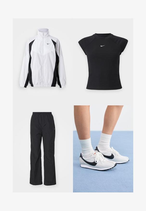 Biela a čierna vetrovka Nike. Má vysoký golier, zips, dlhé rukávy a kontrastný panelový dizajn s textúrovanou látkou.; Čierny top s krátkym rukávom so žíhanou textúrou, okrúhlym výstrihom a malým bielym logom Nike na hrudi.; Čierne, ľahké nohavice s elastickým pásom a šnúrkou. Majú textúrovaný povrch a malú reflexnú nášivku na boku.; Biele sieťované tenisky s čiernymi akcentmi, okrúhlou špičkou a plochou gumovou podrážkou. V kombinácii s rebrovými bielymi ponožkami.