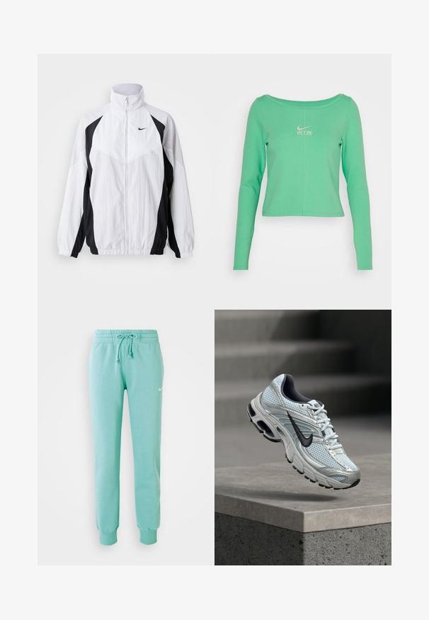 Biela a čierna vetrovka Nike. Má vysoký golier, zips, dlhé rukávy a kontrastný panelový dizajn s textúrovanou látkou.; Dlhý rukáv, skrátená, mentolovo zelená košeľa vyrobená z hladkej bavlny, s okrúhlym výstrihom a bielym logom Nike Air na hrudi.; Mentolové tepláky s elastickým pásom, šnúrkou na stiahnutie a rebrovanými manžetami. Na ľavom stehne sa nachádza malé biele logo Nike.; Bielo-sivá bežecká topánka Nike s čiernym logom vznášajúca sa nad betónovým hranolom na rozmazanom sivom pozadí.