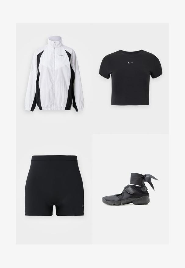 Nike windbreakerjacke in wit en zwart. Heeft een hoge kraag, ritsluiting, lange mouwen en een contrasterend paneelontwerp met textuurstof.; Zwart cropped t-shirt van katoen, met een ronde hals en korte mouwen. Opvallend wit Nike-logo op de borst.; Zwarte sportshorts gemaakt van glad, elastisch materiaal, met een middelhoge tailleband en een klein Nike-logo aan de linkerkant.; Zwarte sportieve schoen met uitsparingen, klittenbandsluitingen en een enkellint dat in een strik is vastgemaakt, zijaanzicht op een witte achtergrond.