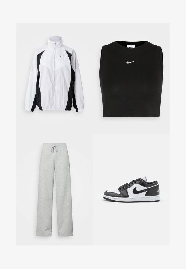 Veste coupe-vent Nike en blanc et noir. Caractéristiques : col haut, fermeture éclair, manches longues et design à panneaux contrastés avec un tissu texturé.; Top court sans manches noir en matière côtelée, avec un col rond et un petit logo Nike blanc sur la poitrine.; Pantalon de survêtement gris avec une taille élastique, un détail de cordon de serrage et un petit logo Nike blanc sur la cuisse gauche. Tissu doux, coupe ample.; Des baskets basses Nike en noir et blanc présentent un cuir lisse sur le dessus, un bout rond, un système de laçage et une semelle extérieure en caoutchouc à motifs.