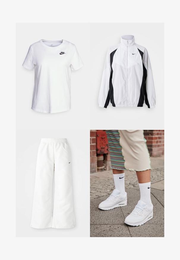 Nike αδιάβροχο μπουφάν σε λευκό και μαύρο. Διαθέτει υψηλό γιακά, κλείσιμο με φερμουάρ, μακριά μανίκια και σχέδιο με αντίθετες πάνελ από υφασμάτινη υφή.; Λευκή βαμβακερή μπλούζα με στρογγυλή λαιμόκοψη και κοντά μανίκια. Διαθέτει μαύρο λογότυπο Nike στην επάνω αριστερή πλευρά του στήθους.; Λευκά αθλητικά παντελόνια με σχέδιο φαρδιάς γραμμής, ελαστική μέση και μικρό μαύρο λογότυπο Nike στη αριστερή πλευρά. Λείο, ελαφρύ υλικό.; Λευκά Nike Air Max 90 sneakers με επάνω μέρος από διχτυωτό και δερμάτινο υλικό, διαθέτοντας ορατή μονάδα αέρα, καθώς και λευκές ριμπ κάλτσες με μαύρο λογότυπο.