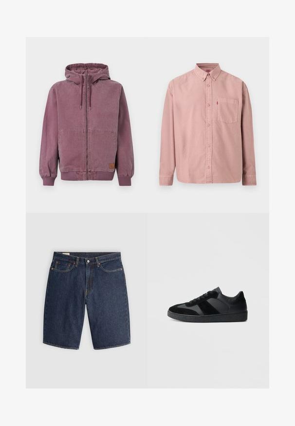 Sudadera unisex color violeta polvo con cremallera, capucha con cordón, bolsillos frontales, puños y cintura acanalados, mostrada sobre un fondo liso.; Camisa rosa de manga larga con botones, bolsillo frontal y cuello abotonado, mostrada sobre un fondo liso.; Pantalones cortos de mezclilla en azul oscuro, con un diseño clásico que incluye cinco bolsillos, costuras cosidas, cierre de botón y bolsillos traseros curvados.; Zapatillas negras que combinan cuero liso y ante, con una suela de goma negra texturizada y un sutil detalle de rayas.