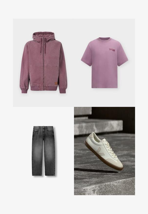 Sweat à capuche zippé unisexe violet poussiéreux avec cordon de serrage, poches avant, poignets et ceinture côtelés, présenté sur un fond uni.; T-shirt violet clair à manches courtes avec un col rond et un petit texte et graphique violet foncé sur la poitrine gauche.; Jean denim noir délavé à jambe droite avec bouton frontal, fermeture éclair et conception à cinq poches, présenté à plat sur un fond blanc.; Baskets en cuir blanc avec semelle en caoutchouc beige, lacets plats et accent en forme de V sur le côté. Présentent une surface lisse et peu de détails de couture.