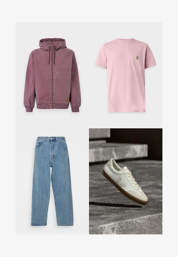 Unisex mikina so zipsom v prachovej fialovej farbe s kapucňou na sťahovanie, prednými vreckami, rebrovanými manžetami a pásikom, zobrazená na jednoduchom pozadí.; Jednofarebné ružové tričko s krátkym rukávom a náprsným vreckom s malou obdĺžnikovou nášivkou s logom Carhartt.; Svetlo modré džínsy s vysokým pásom a voľným strihom, s dvoma prednými vreckami, zadným nášivkovým vreckom a zapínaním na gombík.; Biele kožené tenisky s hnedou gumovou podrážkou, rovnými šnúrkami a V-tvarovaným prvkom na boku. Majú hladký povrch a minimalistické švíky.