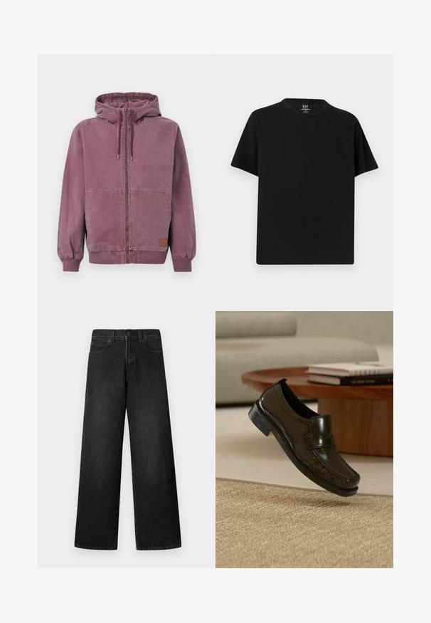 Sweat à capuche zippé unisexe violet poussiéreux avec cordon de serrage, poches avant, poignets et ceinture côtelés, présenté sur un fond uni.; T-shirt noir à manches courtes avec col rond et ourlet droit, présenté à plat sur un fond gris clair.; Jean large en denim noir avec taille haute, design à cinq poches et fermeture frontale par un seul bouton. Texture lisse avec un minimum de détails.; Mocassin en cuir noir à enfiler flottant au-dessus d'un tapis beige tissé avec une table basse en bois et des livres en arrière-plan.