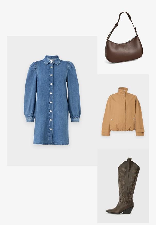 Beežiline lühike jakk kõrge kraega, klõpsuga kinnitusega, kahe ees oleva klõpsuga taskuga ja pikkade varrukatega, millel on klõpsuga mansetid.; Denimkleit pikka puffseelikutega, nupuväärisega, kraega ja sirge lõikega. Sinine kangas, millel on sile tekstuur.; Pruun nahast cowboy saabas, millel on terav varvas, tõusuhari ja dekoratiivne tikkimine. Omab pikka varrukat ja tõmbenööri.; Väike pruunist nahast õlakott reguleeritava rihma ja tõmblukuga, näidatud valgel taustal. Nähtavat kaubamärki ega kaunistusi pole.