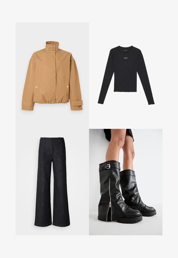 Beiger kurzer Blazer mit hohem Kragen, Druckknopfverschluss, zwei vorderen Taschen mit Druckknöpfen und langen Ärmeln mit Druckknopfmanschetten.; Even&Odd Langarmshirt - black/white; Schwarze Jeanshosen mit weitem Bein und strukturierter Oberfläche, ausgestattet mit Gürtelschlaufen und einem sauberen Saum. Klassisches Design, geeignet für verschiedene Anlässe.; Schwarze Lederstiefel bis zum Knie mit weiter Schaftweite, seitlichem Reißverschluss und Schnallenakzent, strukturierter Oberfläche und robuster Gummisohle.