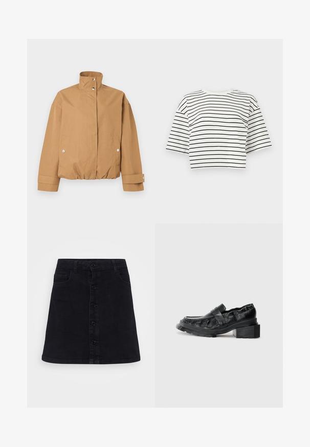 Tan farvet cropped jakke med høj krave, lukning med trykknapper, to forlommer med trykknapper og lange ærmer med manchetter med trykknapper.; Hvid croppet T-shirt med sorte vandrette striber og korte, brede ærmer på en ensfarvet lys baggrund.; Sort denimnederdel med lige snit, der har en frontknaplukning, to sidelommer og en glat tekstur.; Sorte læderloafers med en struktureret sål, der har en let forhøjet blokhæl og en tekstureret overdel, sikret med en frontrem.