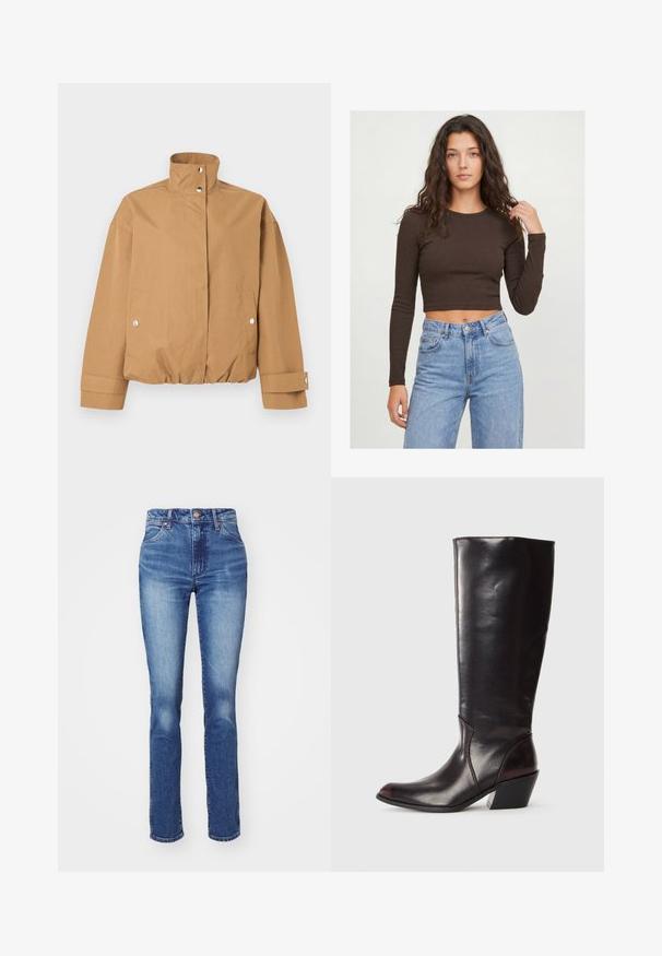 Beige cropped jack met hoge kraag, drukknoopsluiting, twee voorzakken met drukknopen en lange mouwen met drukknoopmansjes.; Jonge vrouw met lang krullend haar, gekleed in een donkerbruin cropped top met lange mouwen en lichtblauwe high-waisted jeans tegen een effen achtergrond.; Blauwe denim jeans met een rechte pasvorm, hoge taille en subtiele vervaging. Beschikt over een knoopsluiting en een klassieke vijf-pocket stijl. Textuur is soepel.; Knielange, donkerbruine leren laars met een spitse neus, hoekige blokhak en een gladde, glanzende textuur. Heeft een strak ontwerp en stikdetails.